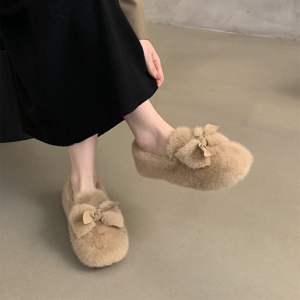 One-pedal Beanie Shoes Women's Winter Velvet Cotton Shoes 2025 New Bow Imitation Mink Hair Shoes Women's Outer Wear