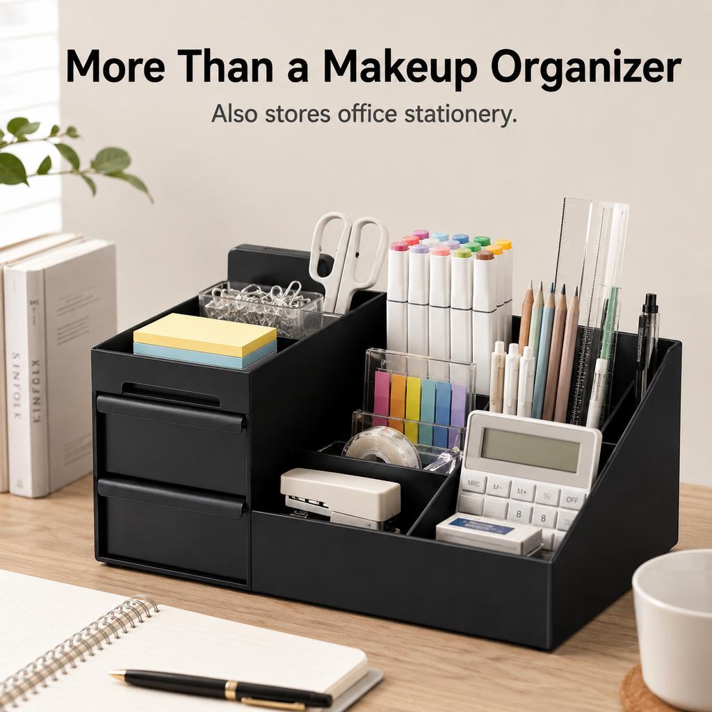 Desktop Makeup Organizer with Drawers Black PP Cosmetic Storage Box Lipstick Holder for Bathroom Vanity
