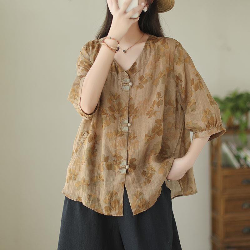 

Летняя повседневная рубашка в стиле ретро из хлопка и льна с принтом, свободный тонкий топ с короткими рукавами XXXXXL