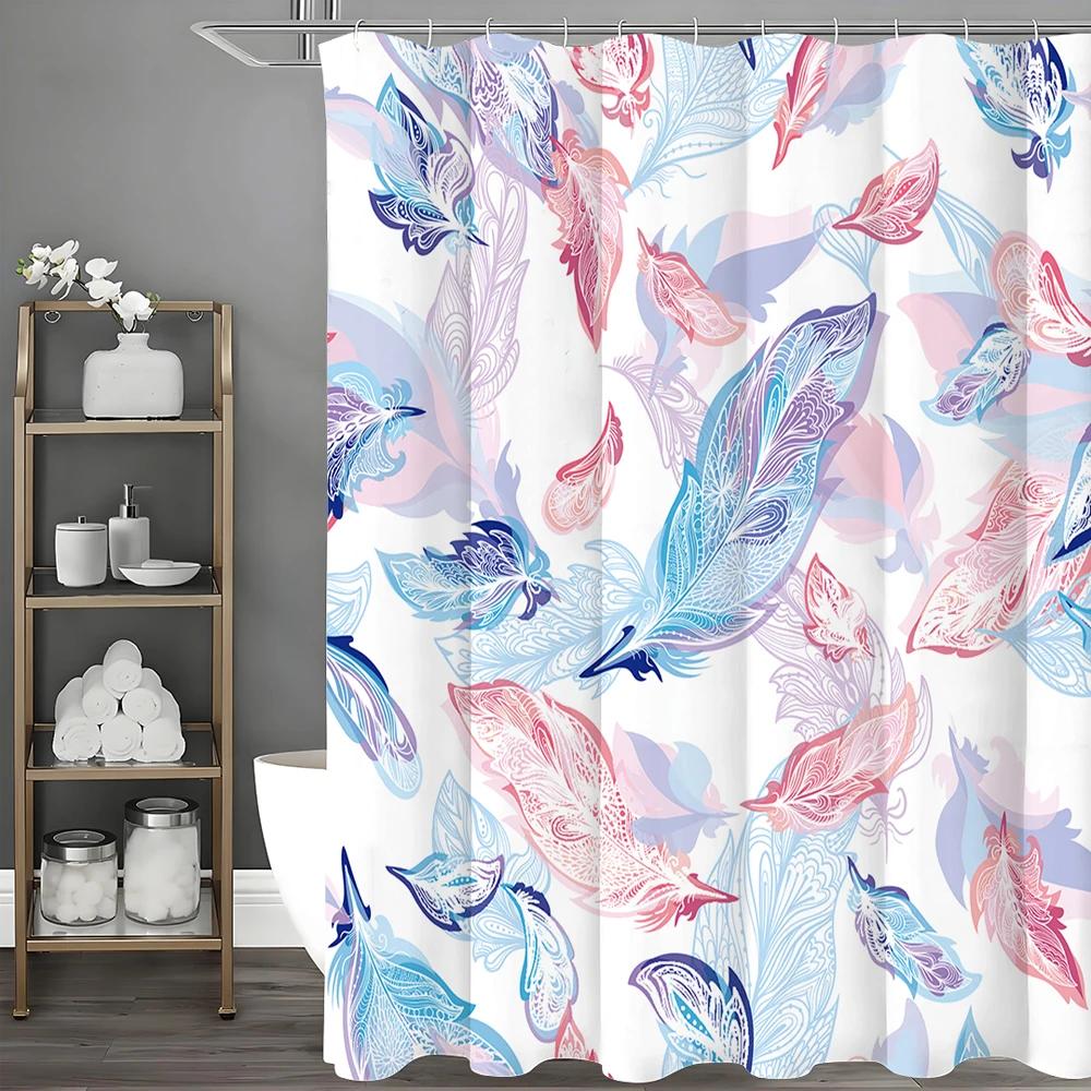 Colorful Feather Shower Curtain, Bathroom Decorative Shower Curtain, Waterproof Shower Curtain with Hooks