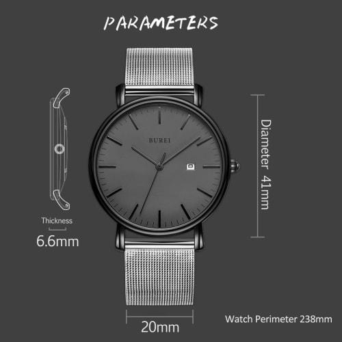 BUREI Men's Watch, Simple, Waterproof, Analog, Popular, Stylish Milanese Design with Mesh Strap, Gray/Black
