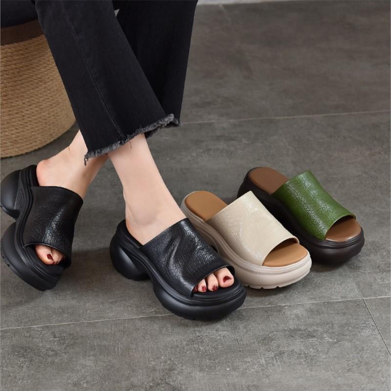 Johnature Women's Thick Soled High-heeled Peep Toed Slippers Genuine Leather Platform Sandals