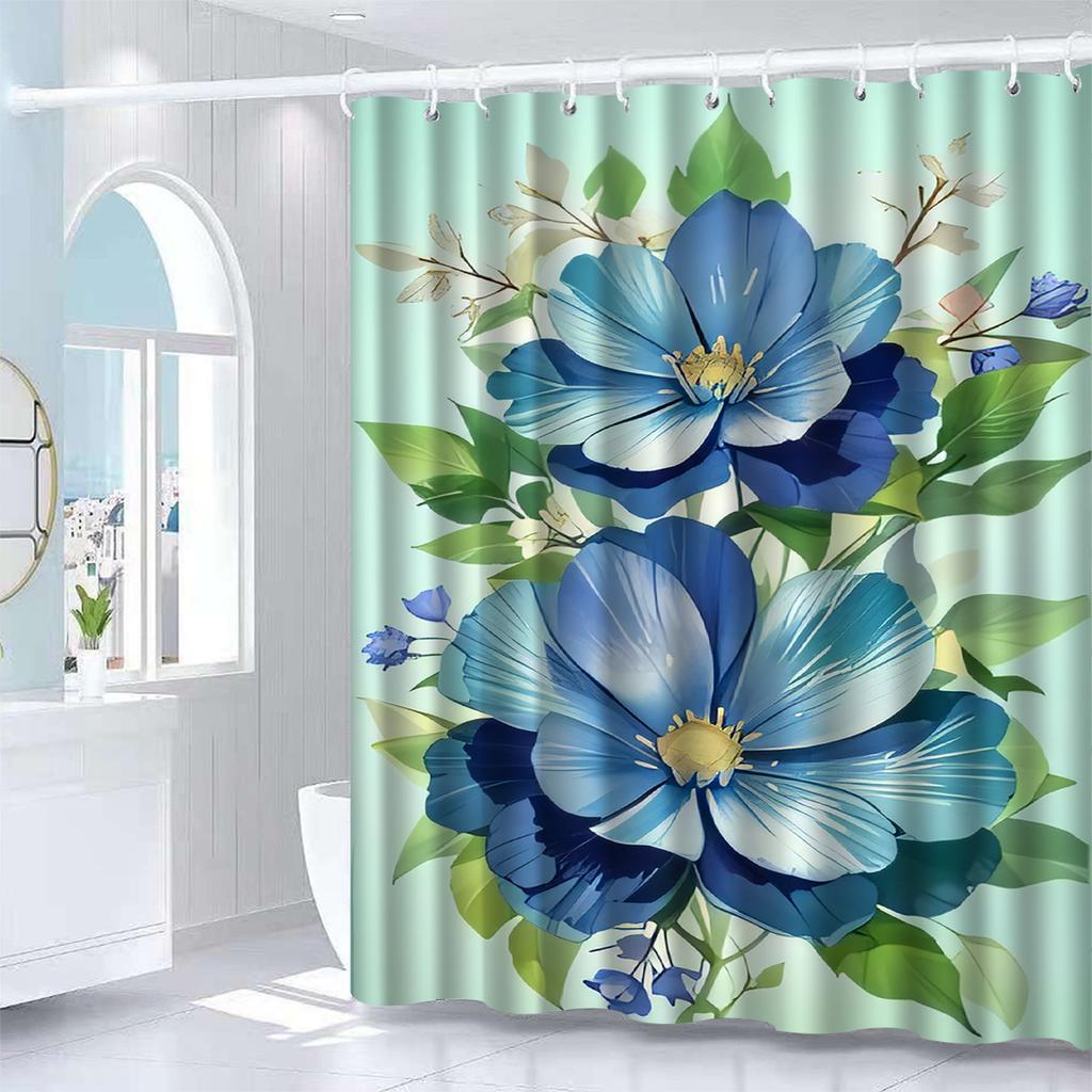Elegant Blue Floral Shower Curtain , Vibrant Blue & Purple Flowers with Green Leaves, Perfect for Modern Bathroom Decor