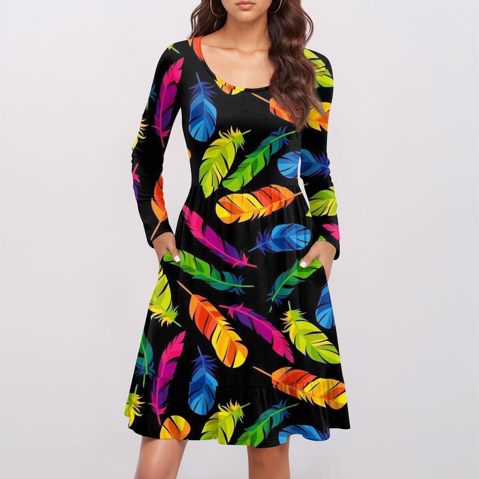 

Женское повседневное платье с круглым вырезом и длинными рукавами, карнавальный узор, свободная талия, плиссированное платье L