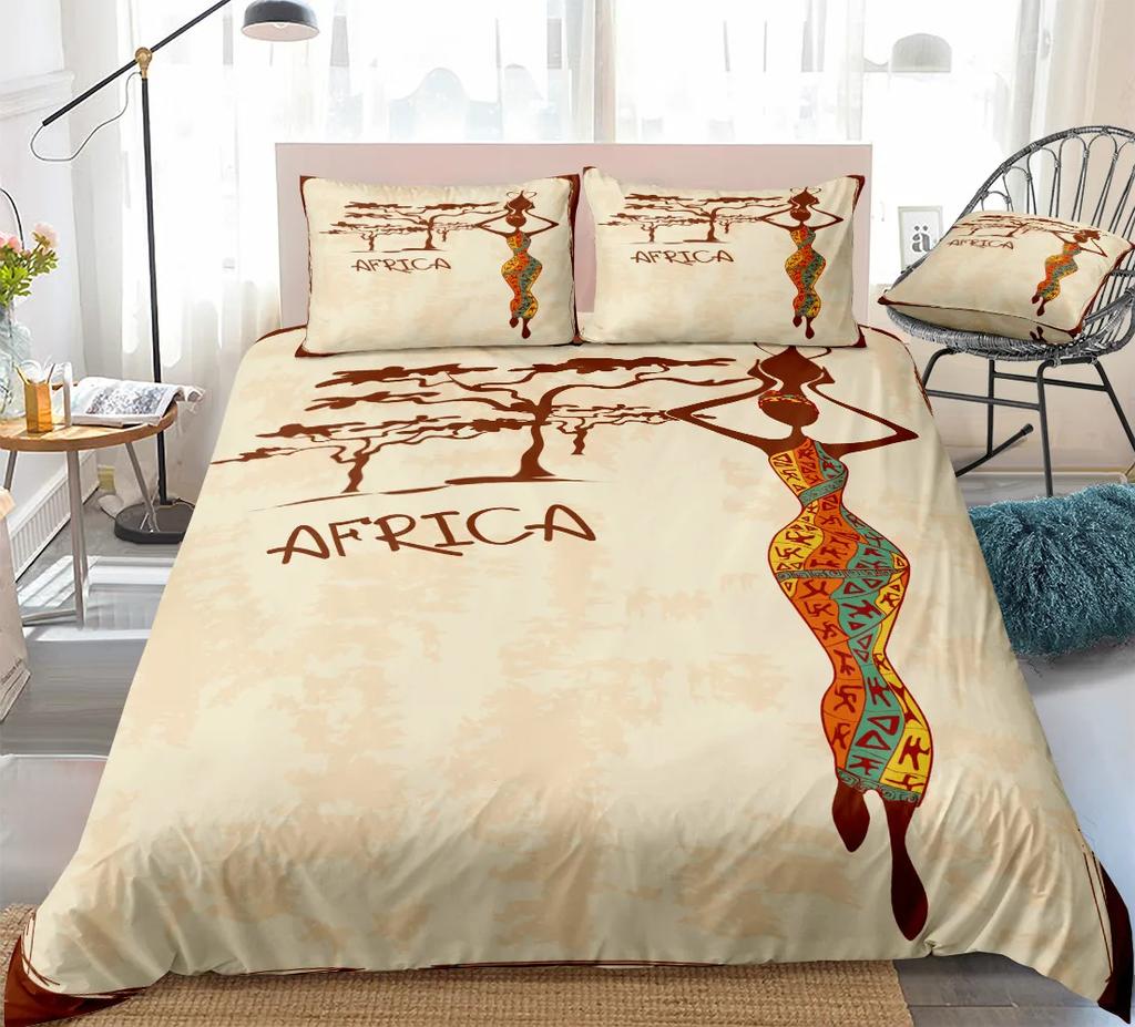 African Woman King Queen Duvet Cover Retro Exotic Tribal Black Girl Pattern Bedding Set Africa Polyester Quilt Cover Pillowcase