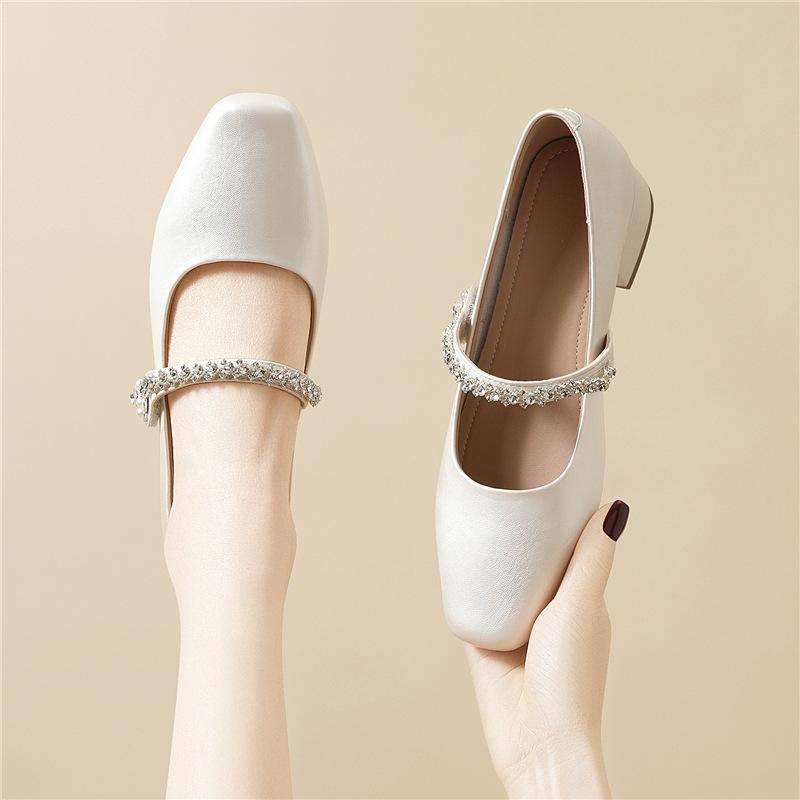 Rhinestone thick heel Mary Jane shoes women's autumn new with skirt temperament square head low heel light mouth single shoes