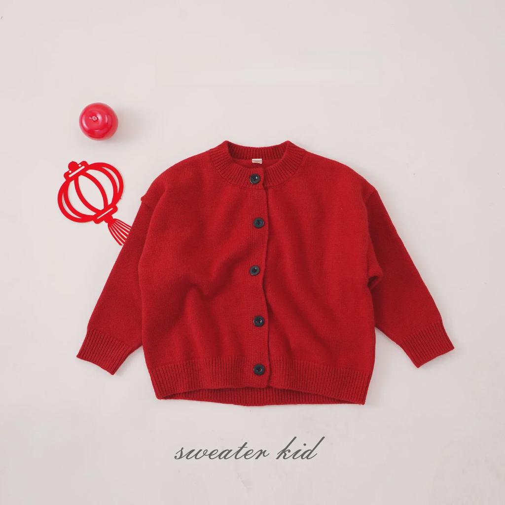 Autumn/Winter 2023 Kids' Forest Style Red Knit Cardigan – Gender-Neutral Round Neck Sweater