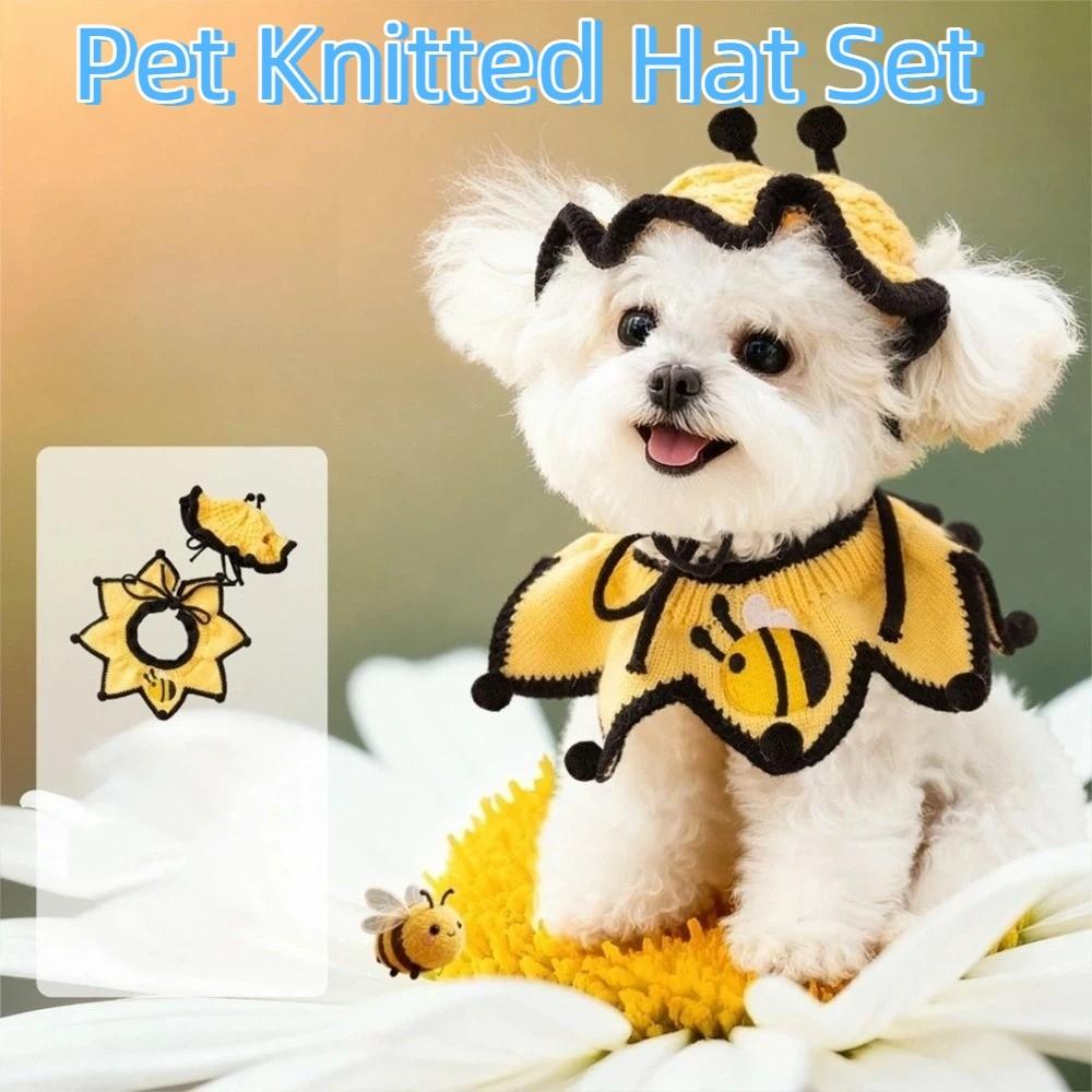 Elastic Pet Knitted Hat Bee Shaped Dog Drool Towel Cat Headgear Cat Collar  Party Events