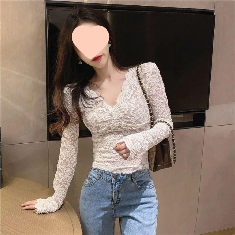 Women's Long-Sleeve V-Neck Lace Base Layer - Fleece-Lined/Unlined Autumn & Winter Sexy Hollow Fashion Top