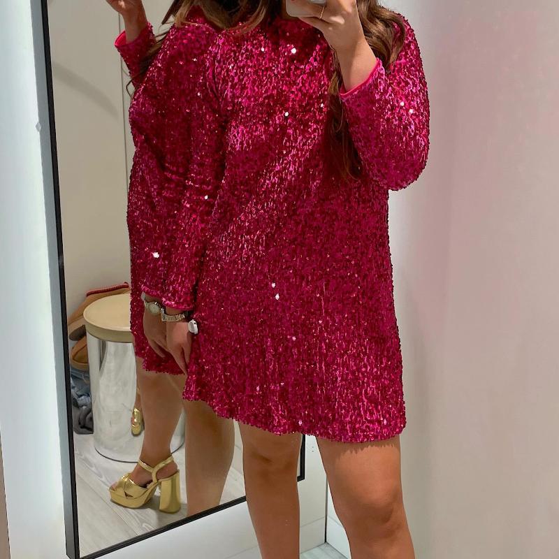 

Платье с бантом и пайетками для женщин, зимнее, рождественское, с длинным рукавом, блестящие короткие платья, женское, с открытой спиной, вечернее, женское, мини-платье 2XL розы красного