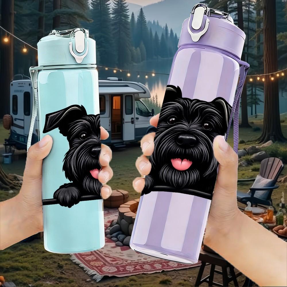 1PC Black Pug Dog Smiling Cartoon Print 750ml Color Plastic Sports Water Bottle Leakproof Flip Straw Lid Suitable for Sports Office Home Use