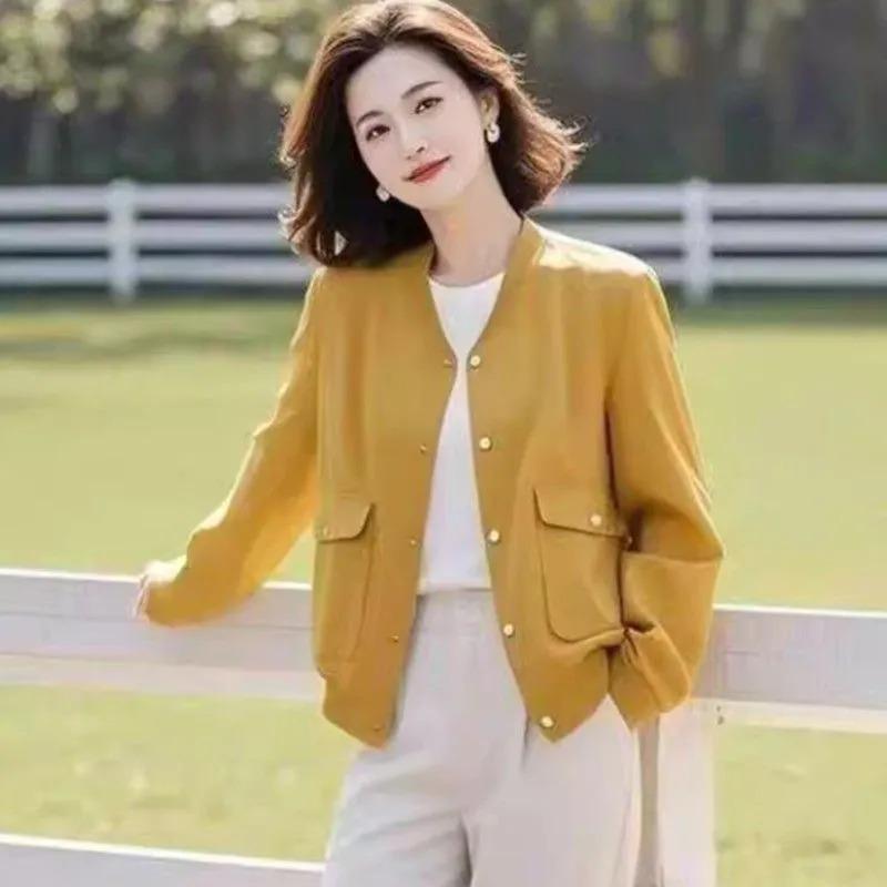 

Women s Yellow Stand Collar Bomber Jacket Casual Pocket Short Coat L жёлтый