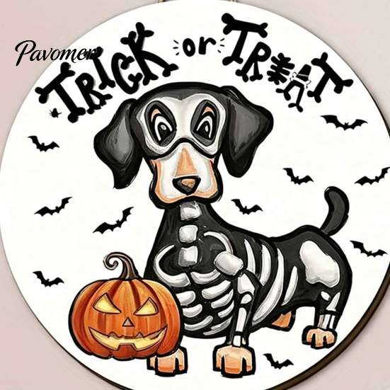Indoor Halloween Wall Art Dachshund Hanging Sign, Spooky Skeleton Dog Trick or Treat Wooden Theme Decoration with Pumpkin Bat Pattern, Holiday Welcome