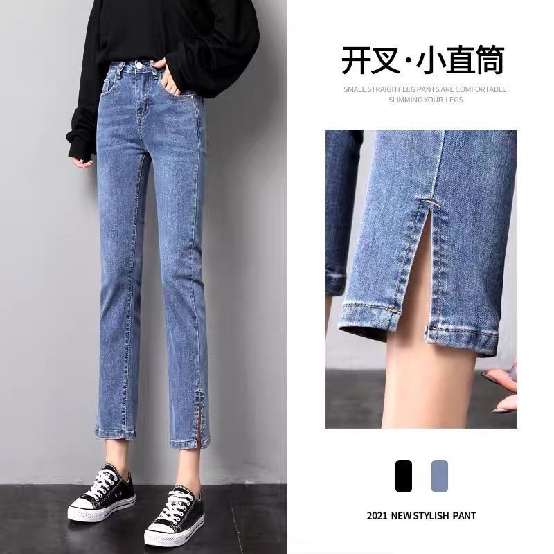 Split Straight Leg Autumn Jeans for Women Loose High Waisted Cropped Pants