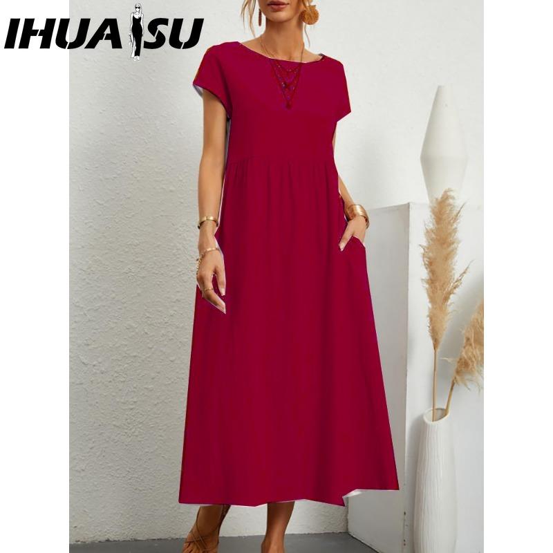 

IHUASU Жіноча Мода Літо Весна Однотонний Принт Короткий Рукав Круглий Виріз Повсякденні Сукні XXL червоний