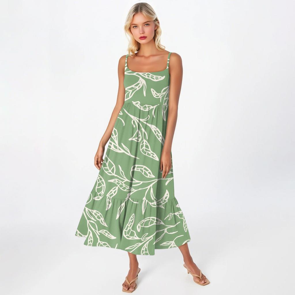 Dámské dlouhé plážové ležérní elegantní maxi šaty na špagetová ramínka s květinovým vzorem, decentní splývavé bohémské šaty