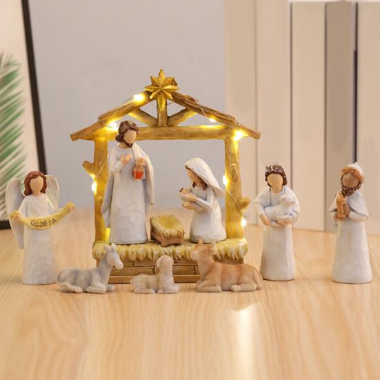 12Pcs LED Nativity Scene Set Resin Christmas Manger Angel Figurines with Star Light Holiday Tabletop Decor for Home Church
