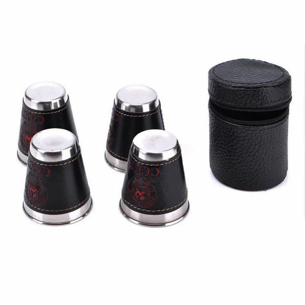 4pcs 75ml Outdoor Travel Cups Set Camping Tableware Stainless Steel Cup with PU Leather Portable Coffee Wine Beer Whisky Cup
