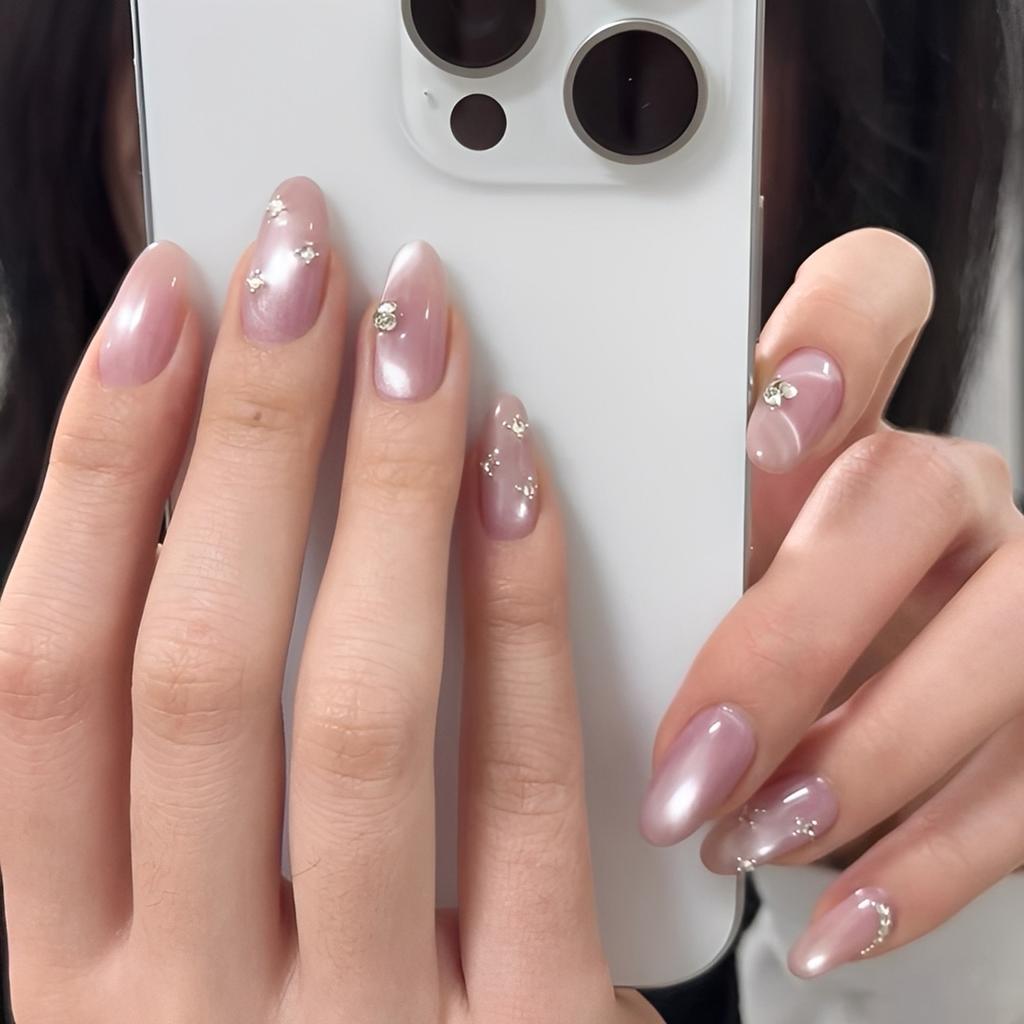 30pcs Press on Nail Almond Fake Nails with Glitter & Rhinestone Decor Artificial Nails for Fingernail DIY Decoration