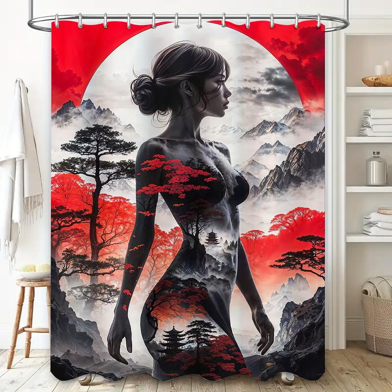Fantasy Landscape Red Moonlight Woman Figure Shower Curtain Decoration Bathroom Waterproof Liner Printing Art Deco Anime Wall De