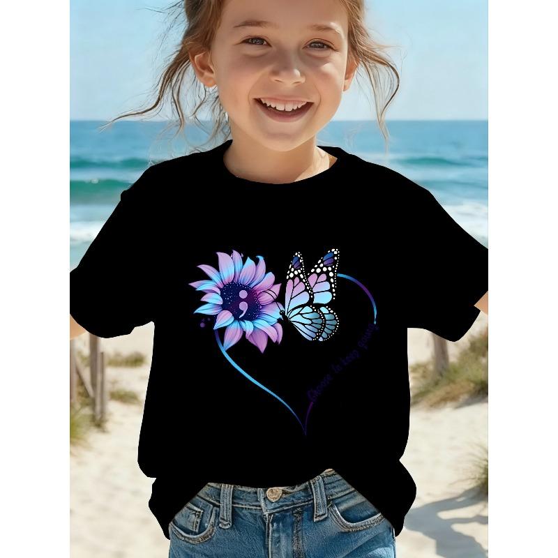 

European Size Girls Round Neck Short Sleeved T Shirt with Butterfly and Flower Patterns 98cm чёрный