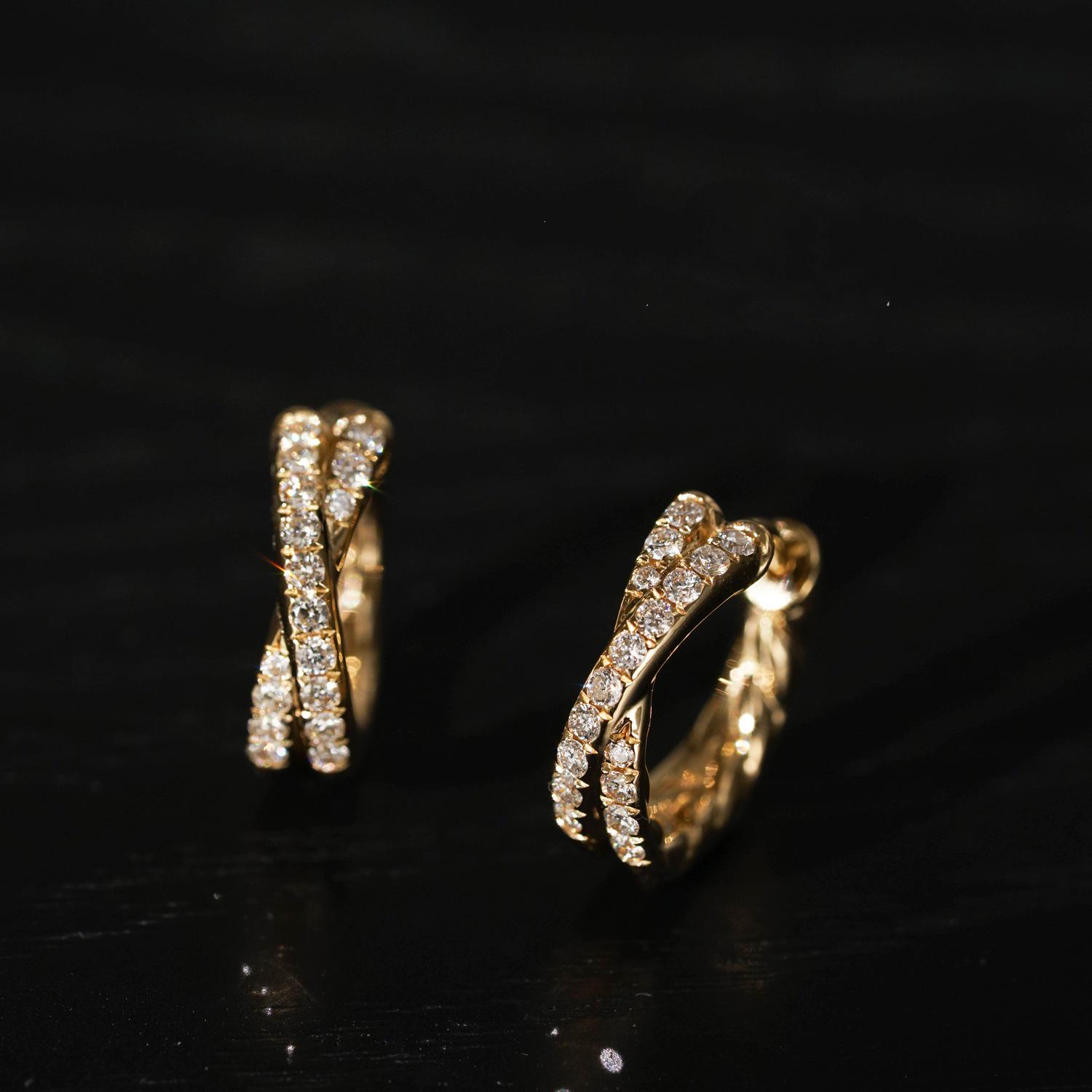 Crossed Double Row S925 Sterling Silver 18K Gold Plated Small Ear Huggers - Twisted Commuting Style 18K Gold Pair