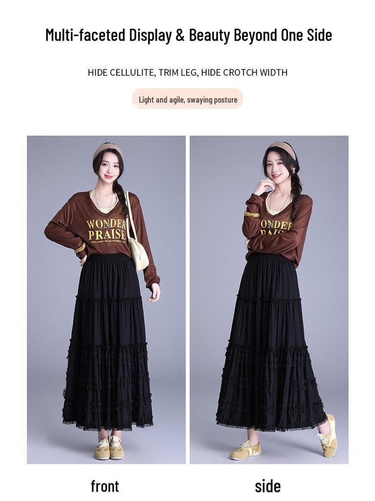 2026 Summer Women's Korean A-Line White Midi Skirt – High Waist, Lace Trim, Drape Design