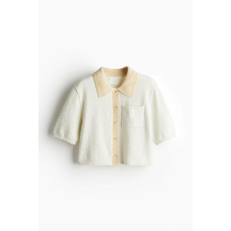 

HM Women s Fur Knitwear Autumn Soft Contrast Color Lapels Texture Short Sleeve Cardigan 1234763 White 155/80A