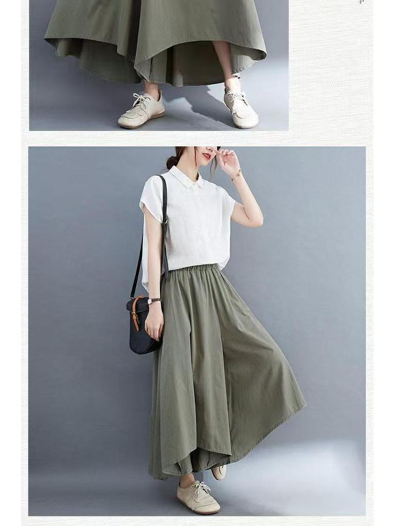 Plus Size Women's Loose Nine-Tenths Pants Skirt: Summer Slimming Irregular Wide-Leg with Pockets