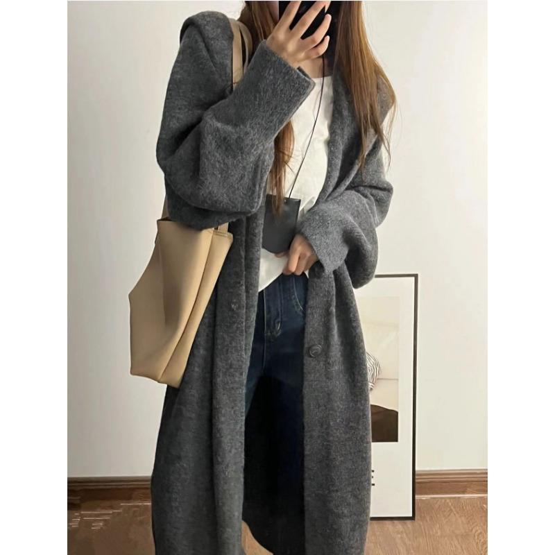 

Осень и зима новый кардиган-свитер с капюшоном женский длинный большого размера ленивый ветер однотонное вязаное пальто длинное пальто женское one size fits all темно-серого