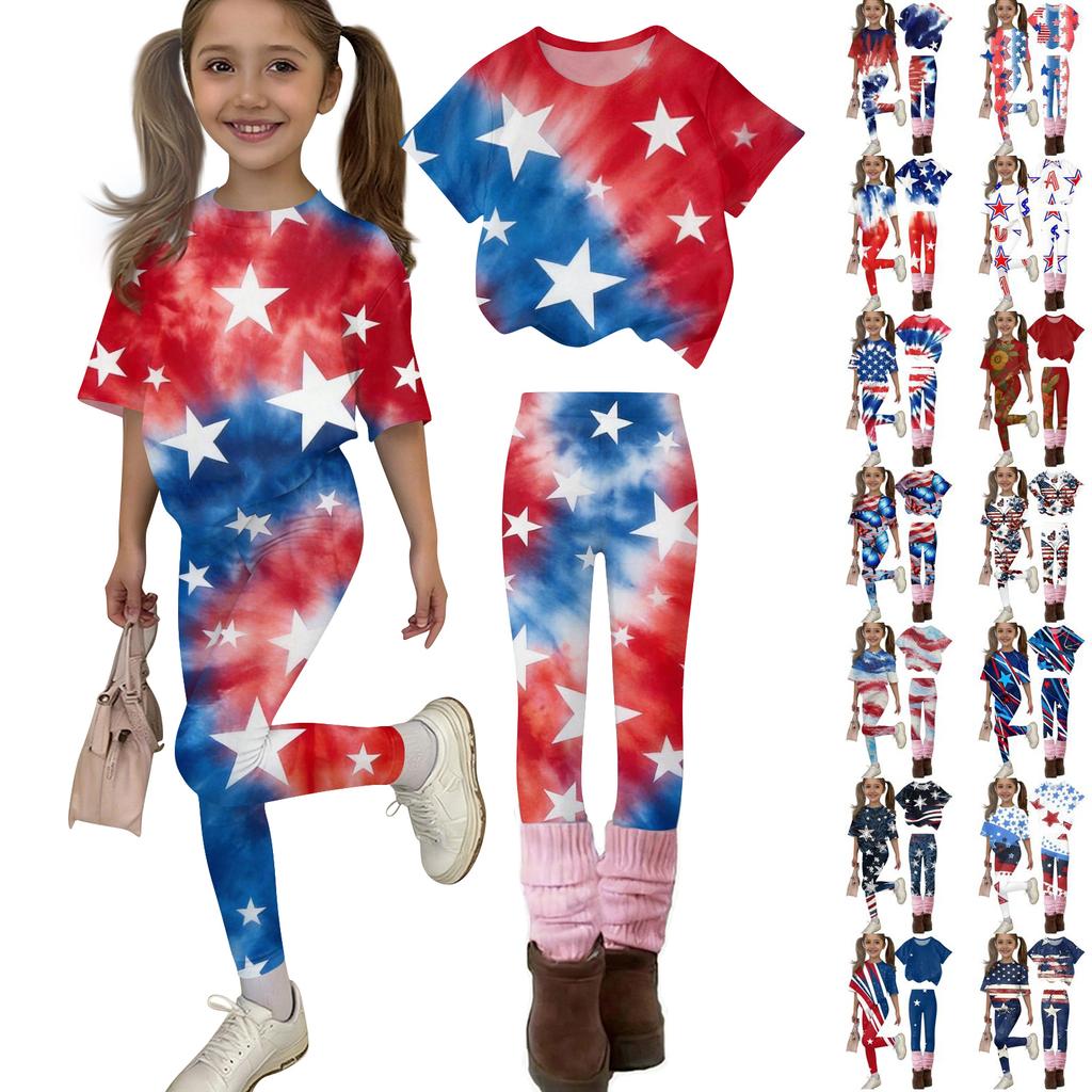 Boys And Girls Independence Day Print Set Kids Casual Short Sleeve Top And Long Pants Set