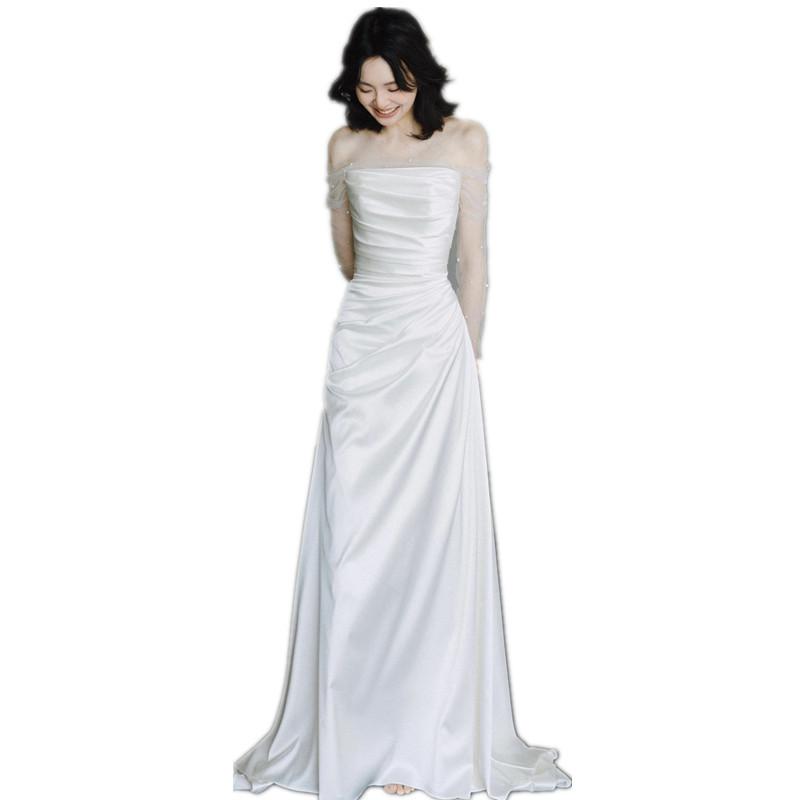 One-word Shoulder Light Wedding Dress Simple Travel Photo White Thin High-end Bride Wedding Super Fairy Welcome Door Dress