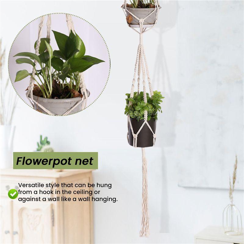M-Modern-Macrame Double Plant Hanger Indoor Outdoor 2 Tier Hanging Planter Cotton Rope 4 Legs 67 Inch