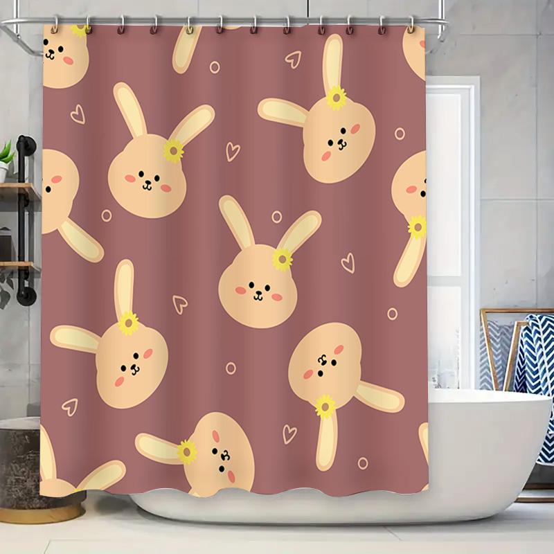 

Adorable Bunny Face Shower Curtain Pink Floral Design Decor For Bathroom Waterproof Fabric W60H190(CM)-1 Pcs