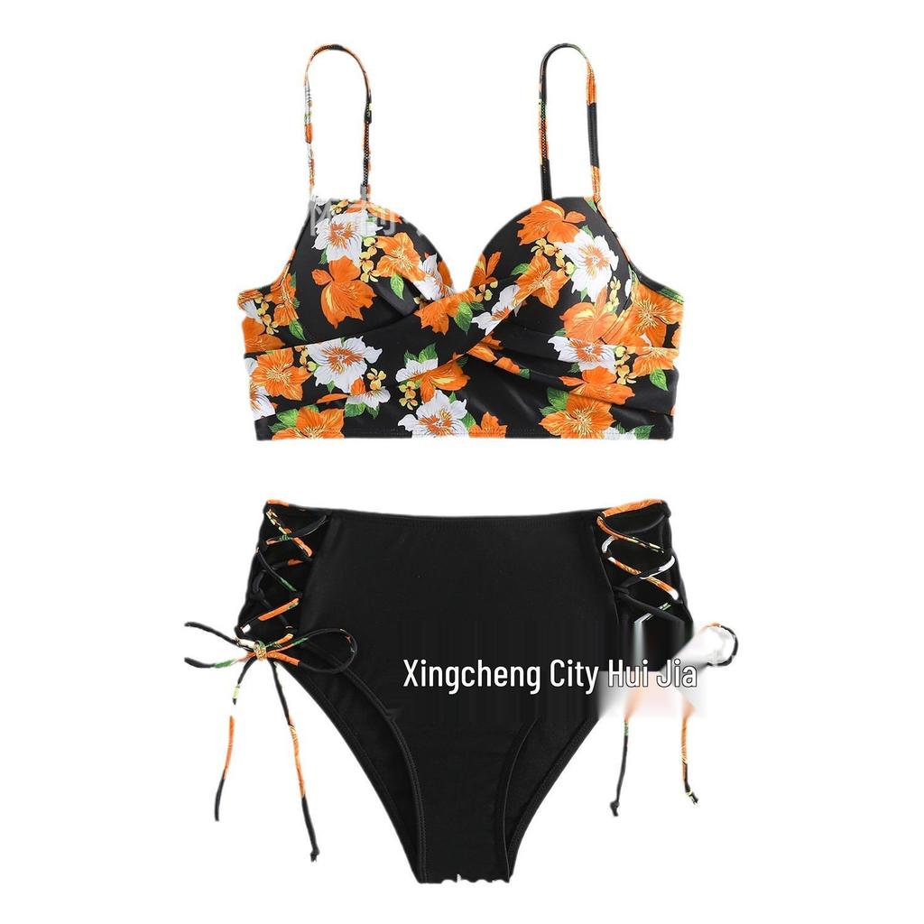 2026 European Sexy Lace-up High-waisted Print Bikini Swimsuit