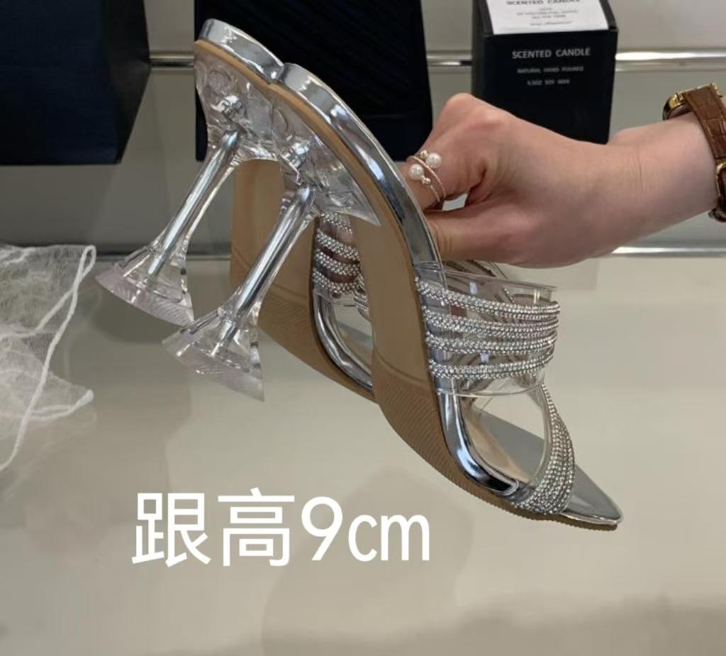 

PVC transparent crystal wine glass and sandals women s shoes 2025 summer square head wedding shoes cross rhinestone high heels 39