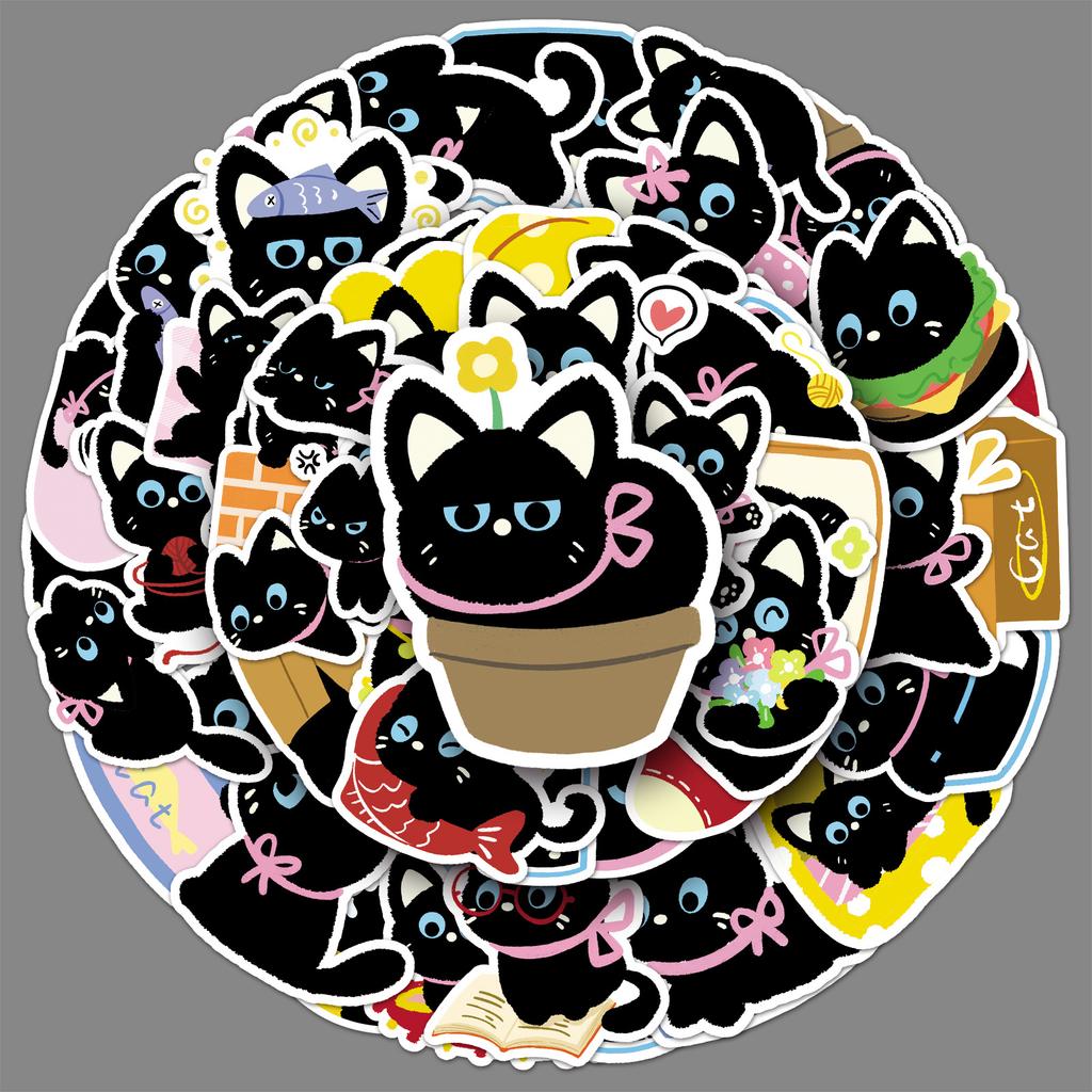 50 Bow Black Cat Doodle Stickers Cartoon Cute Hand-painted Decorative Creative Water Cup Mobile Phone Case Stickers