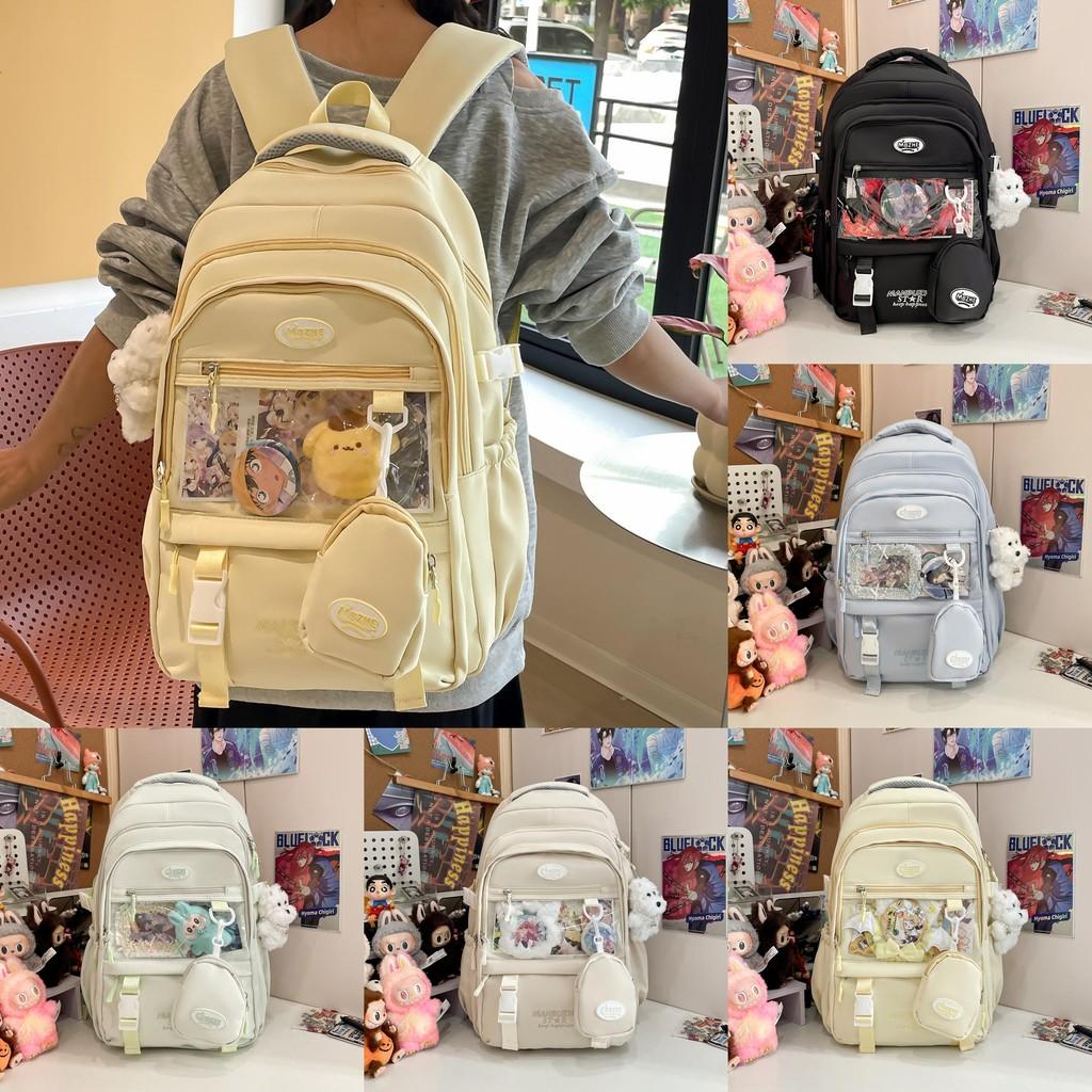 Color Solid Simple Letter Embroidery Student Backpack With Pendant And Badge