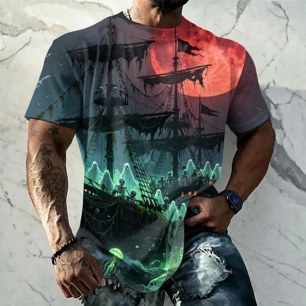 Men's Halloween Print Vintage Texture Short Sleeve T Shirt Loose Breathable Summer Sports Street Casual Daily Wear Top