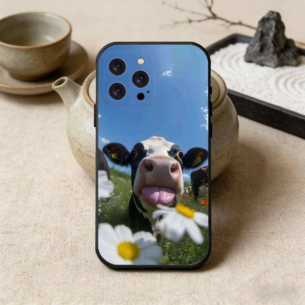 Lovely Cute Cow Cows OX Phone Case For iPhone17,16,15,14,13,12 Plus,Max Soft Silicone Black Cover