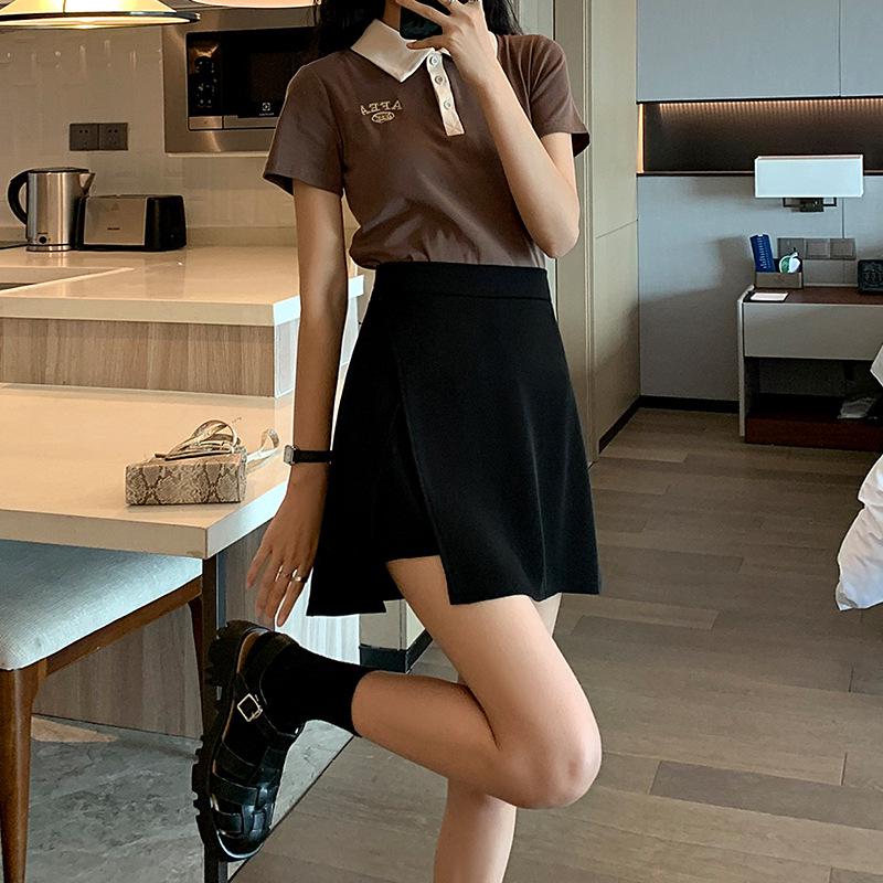 Black High-Waist A-Line Skirt for Women - Autumn 2023, Large Size, with Slit