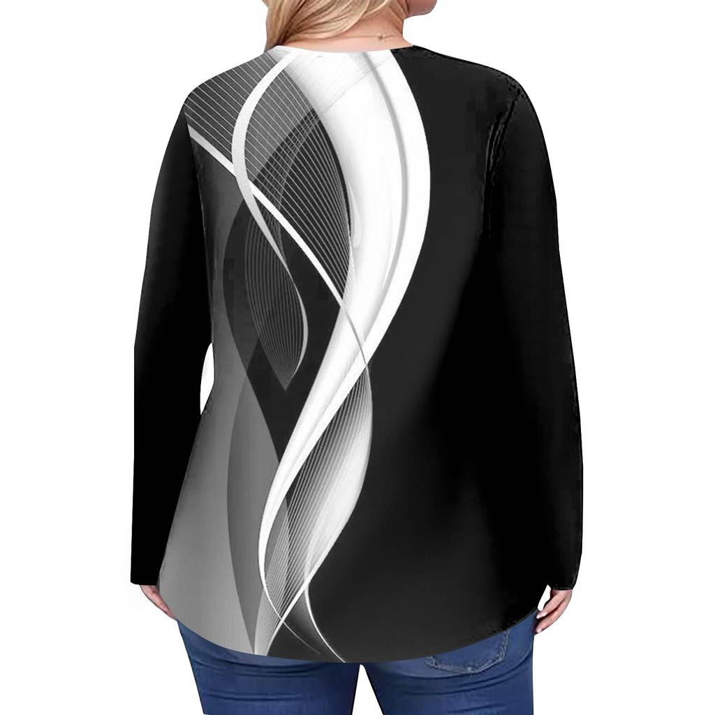 Women's Plus Size Fashion Printed Casual Pleated Round Neck Long Sleeve Top