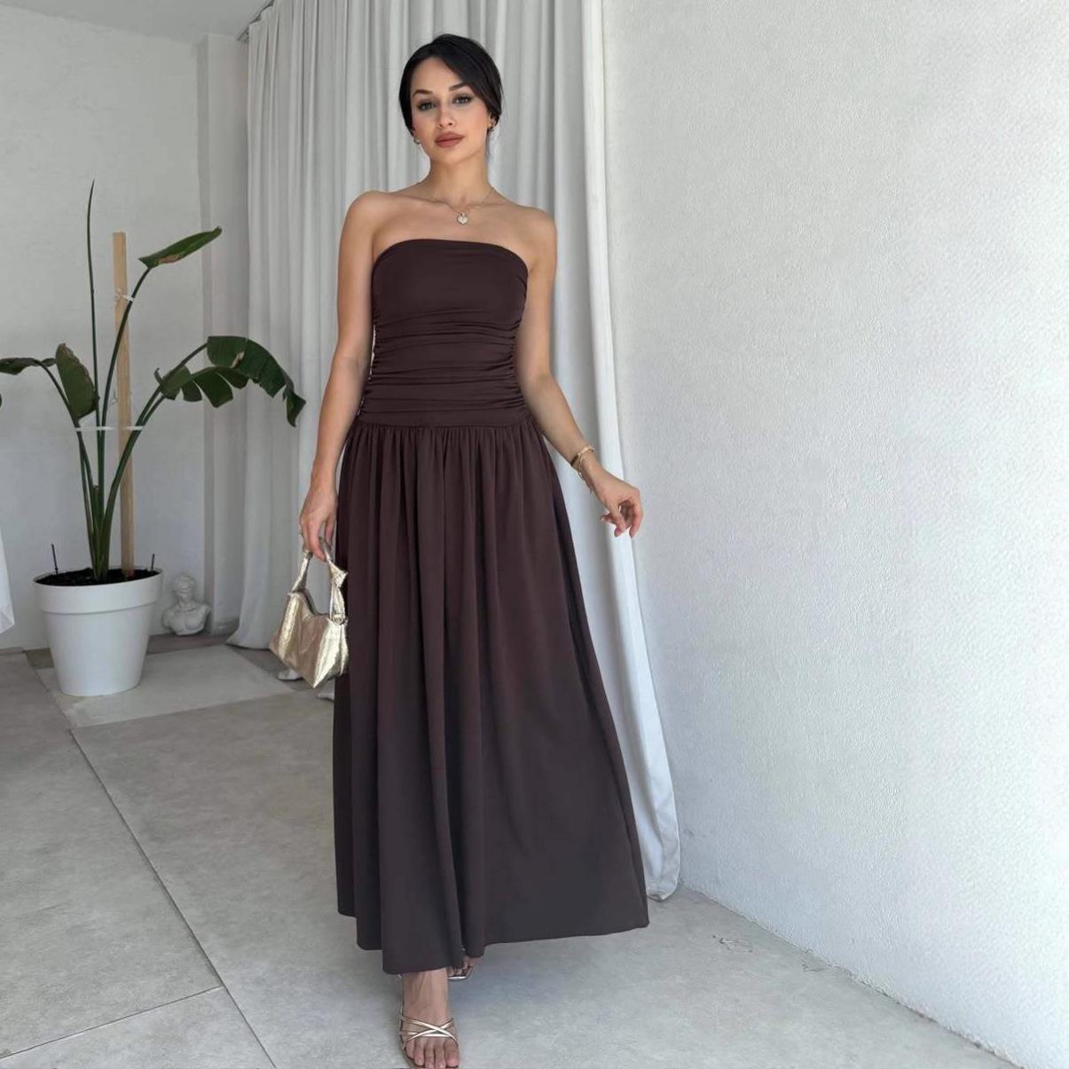 

European & American Women s 2025 Summer Strapless Pleated Slim A-Line Dress Extra Small кофейный