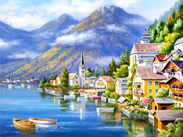 5d Diy Diamond Painting Seaside House Town Full Square/round Embroidery Mosaic Mountain Landscape Home Decor