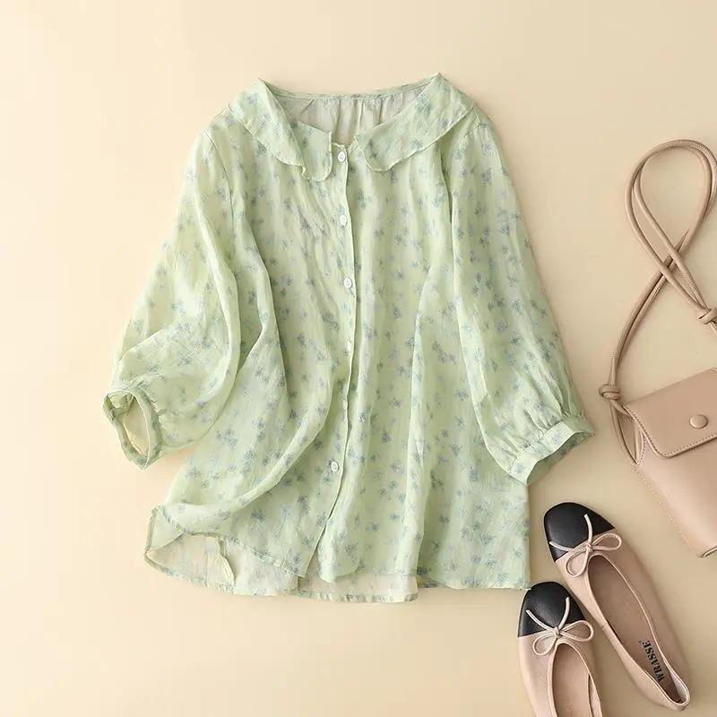 

Women s Floral Print Peter Pan Collar 3/4 Sleeve Blouse M зелёный