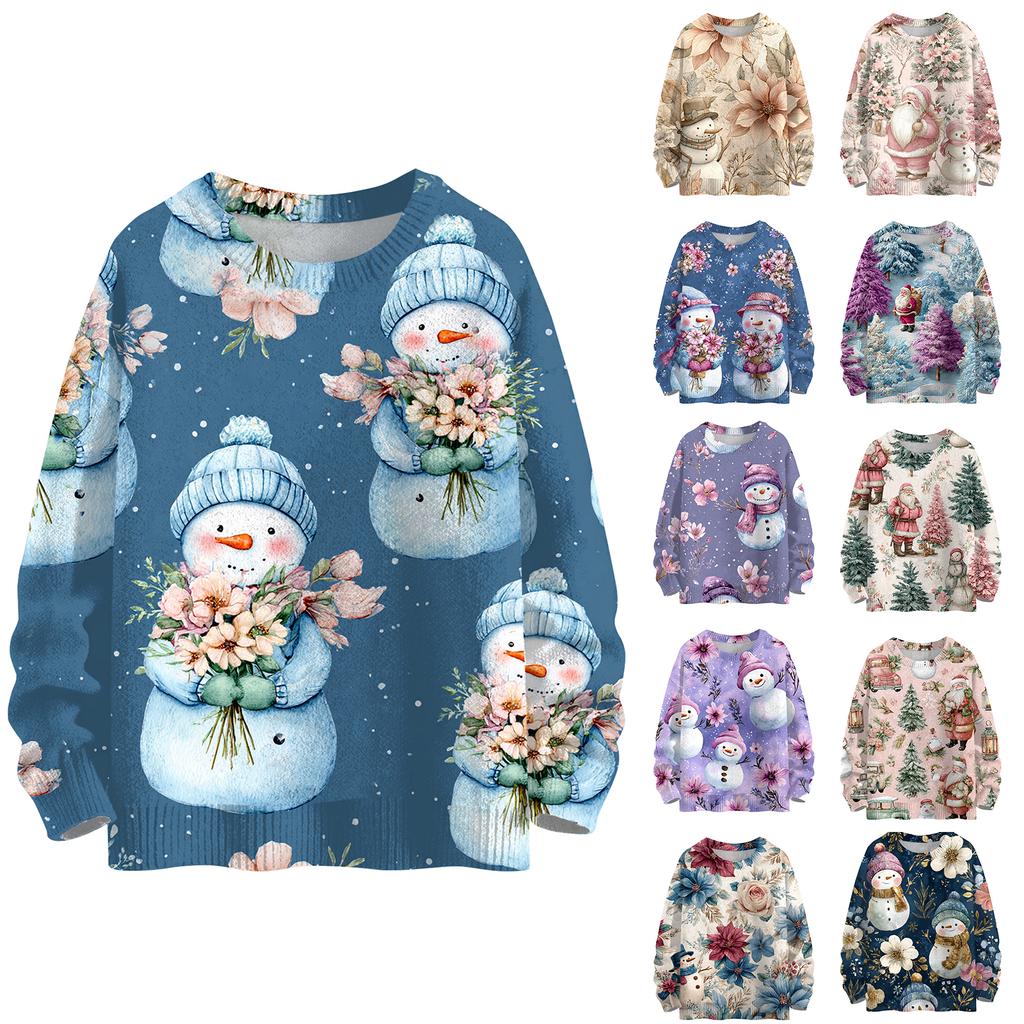 Ladies' Fashionable And Casual Christmas Cute Printed Round Neck Long Sleeved Knitted Yarn