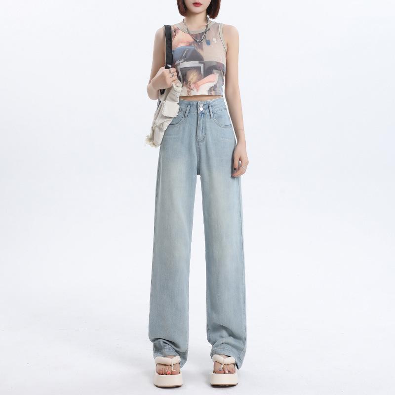 Women's High Waist Tencel Wide Leg Jeans - Summer Thin, Drapey, Slimming, Petite Floor-Length Pants