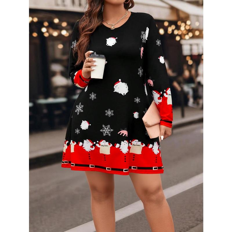 

Праздничное рождественское платье большого размера с круглым вырезом и длинными рукавами, с элементами Санта-Клауса и снежинок 1XL чёрный