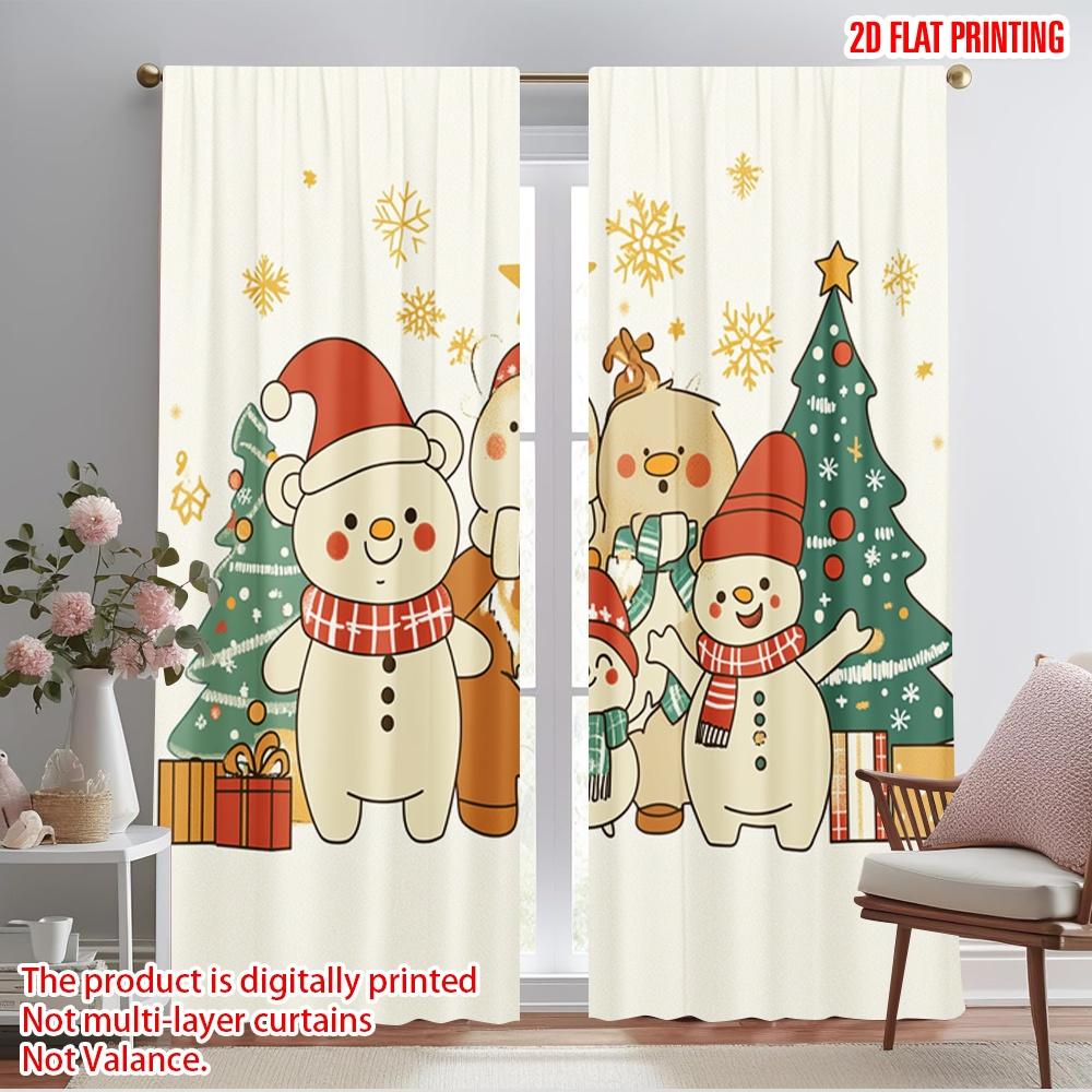 2pcs,2D plane printing Popular Curtain Panels Christmas bears snowmen cute (4) Durable Polyester (without rod) Decorations For