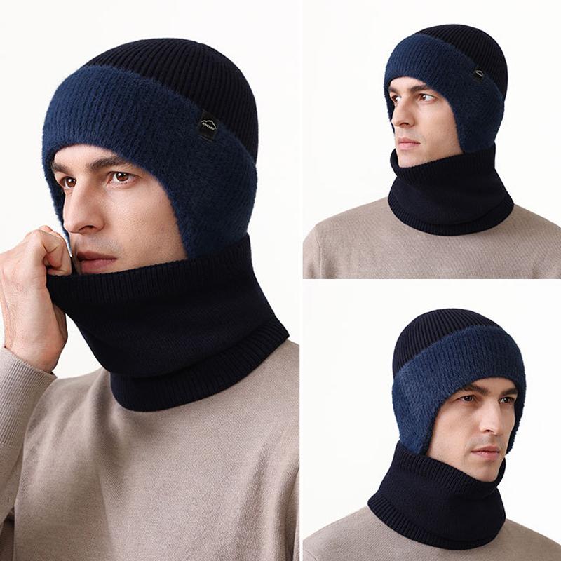 Winter Ear Face Protection Velvet Knitted Hat Scarf Kit Men's Winter Outdoor Warm Hat Two-Piece Set